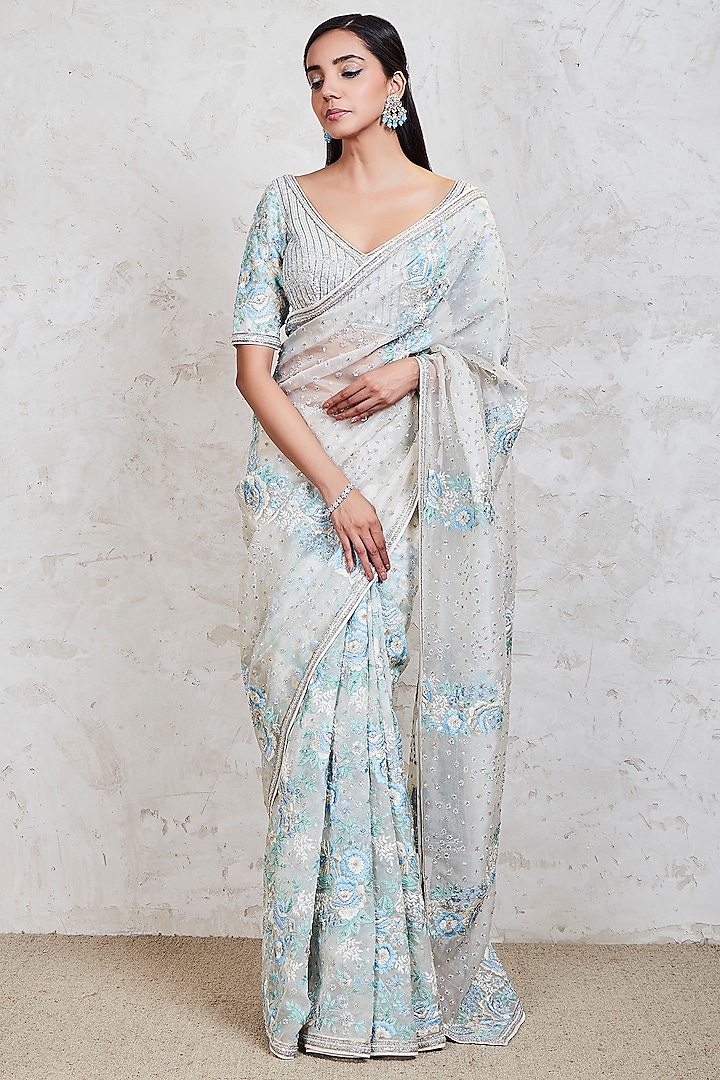 Off-White Parsi Gara Jaal Embroidered Saree Set by Sue Mue at Pernia's Pop Up Shop