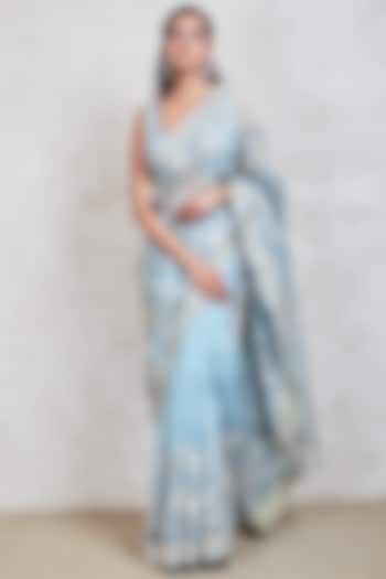 Blue Parsi Gara Embroidered Saree Set by Sue Mue