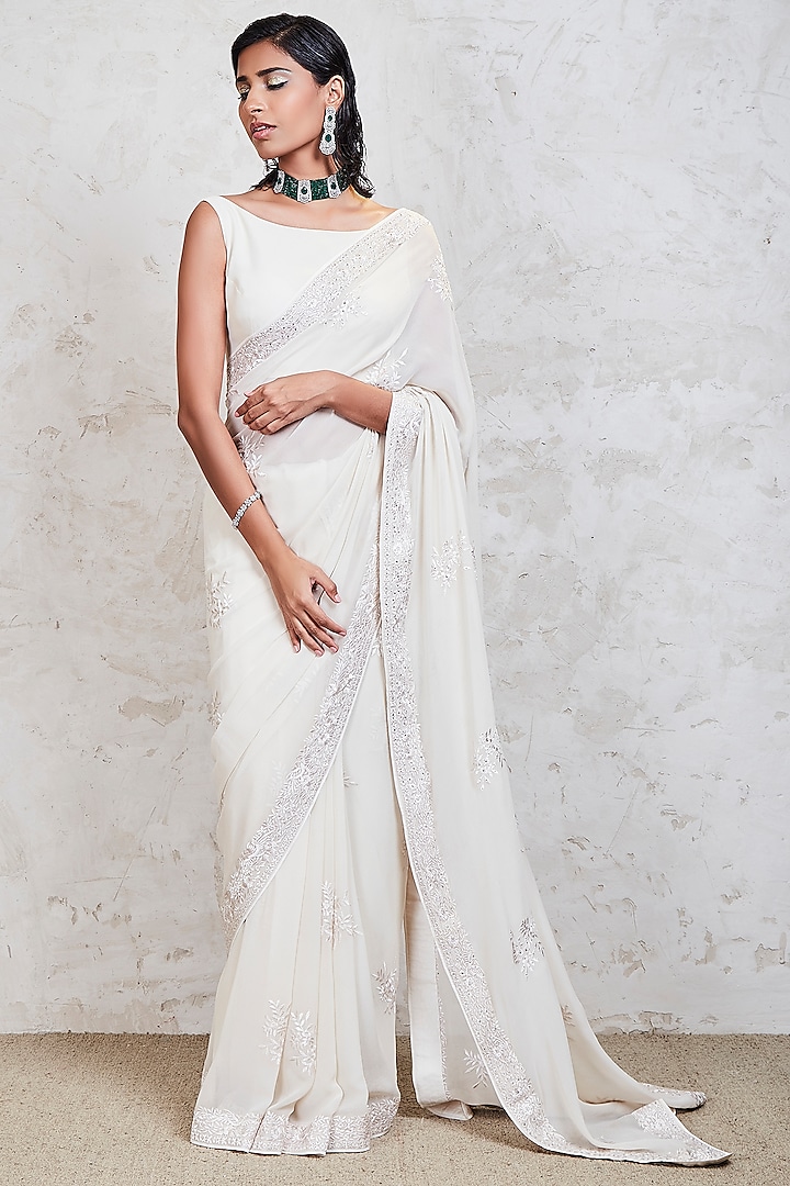 Off-White Parsi Gari Embroidered Saree Set by Sue Mue