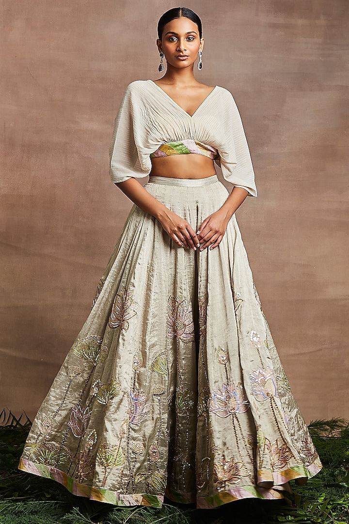 Silver Silk Tissue Embroidered Handcrafted Lehenga Set by Sue Mue