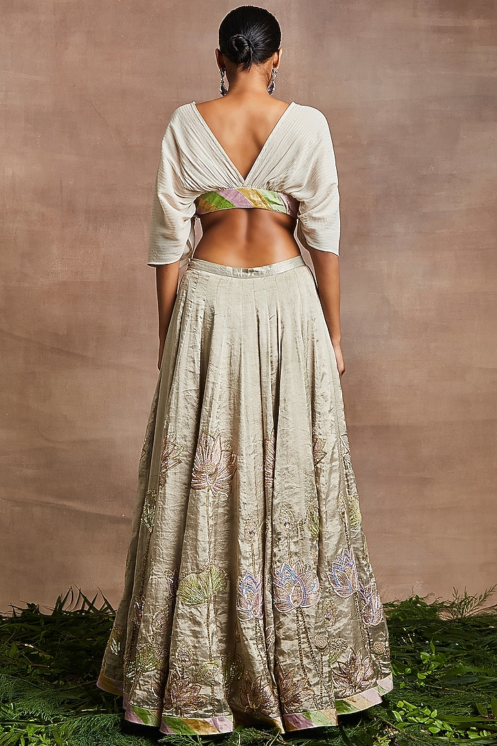 Silver Silk Tissue Embroidered Handcrafted Bridal Lehenga Set by Sue Mue at Pernia's Pop Up Shop