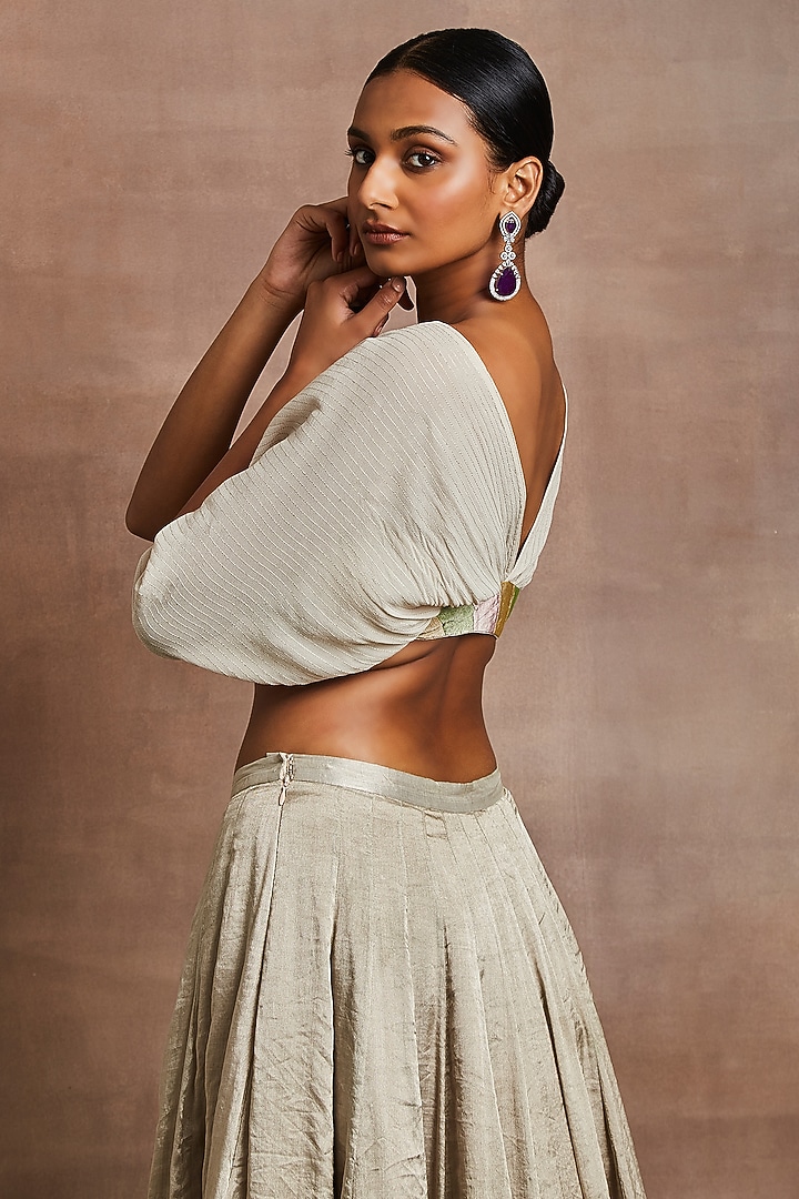 Silver Silk Tissue Embroidered Handcrafted Bridal Lehenga Set by Sue Mue at Pernia's Pop Up Shop