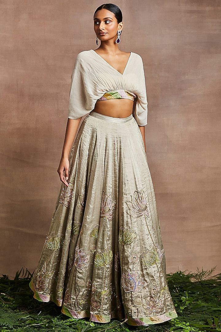 Silver Silk Tissue Embroidered Handcrafted Bridal Lehenga Set by Sue Mue at Pernia's Pop Up Shop