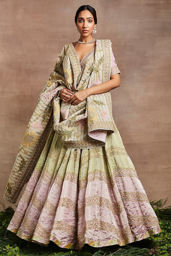 Multi-Colored Handwoven Silk Tissue Hand Embroidered Bridal Lehenga Set by Sue Mue at Pernia's Pop Up Shop