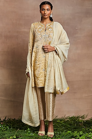 Golden Yellow Silk Tissue Hand Embellished Kalidar Kurta Set by Sue Mue