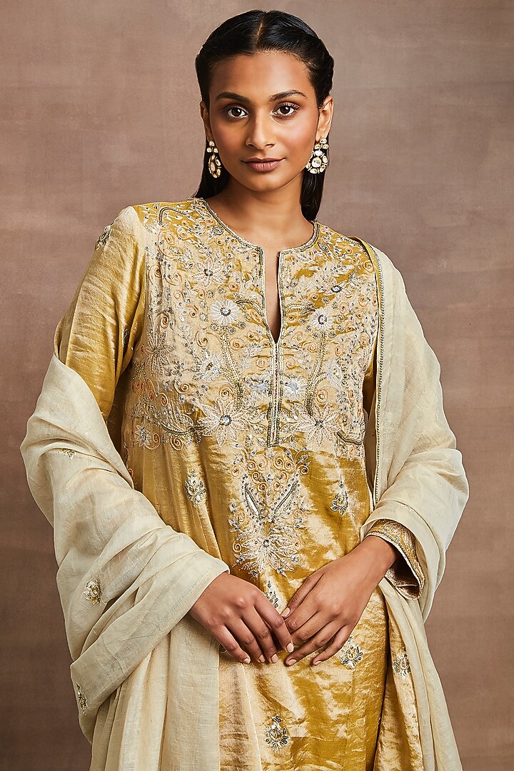 Golden Yellow Silk Tissue Hand Embellished Kalidar Kurta Set by Sue Mue at Pernia's Pop Up Shop