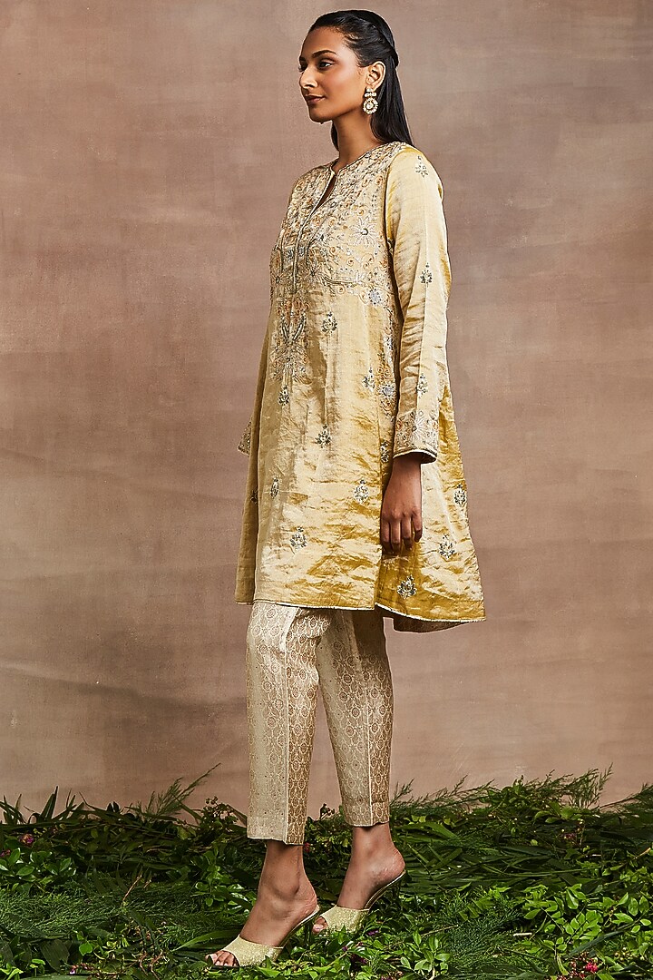 Golden Yellow Silk Tissue Hand Embellished Kalidar Kurta Set by Sue Mue at Pernia's Pop Up Shop