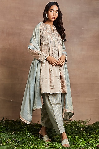 Peach Handwoven Silk Tissue Hand Embroidered Kalidar Kurta Set by Sue Mue