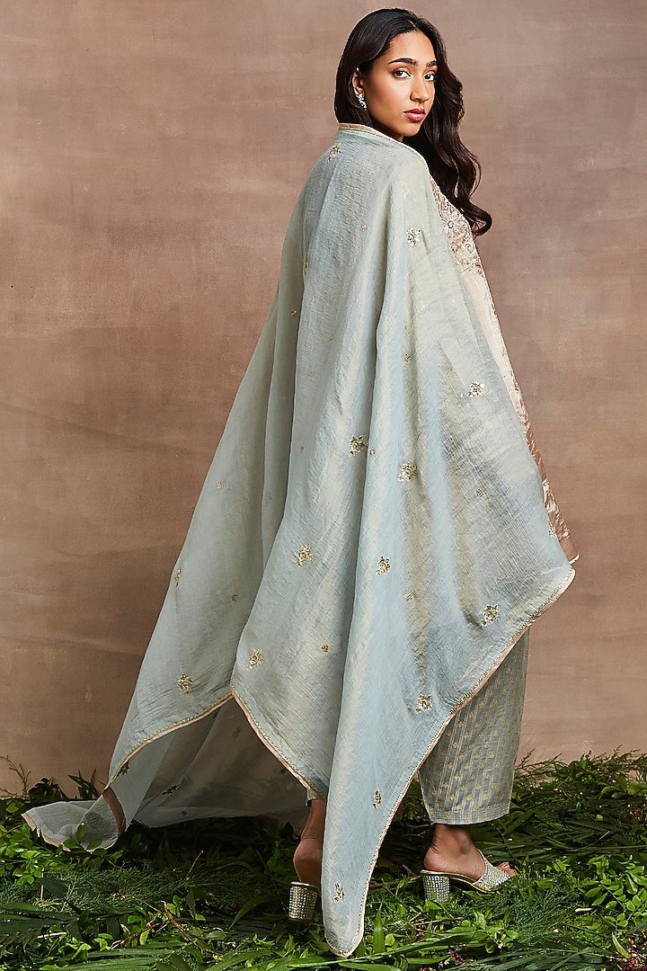 Peach Handwoven Silk Tissue Hand Embroidered Kalidar Kurta Set by Sue Mue at Pernia's Pop Up Shop