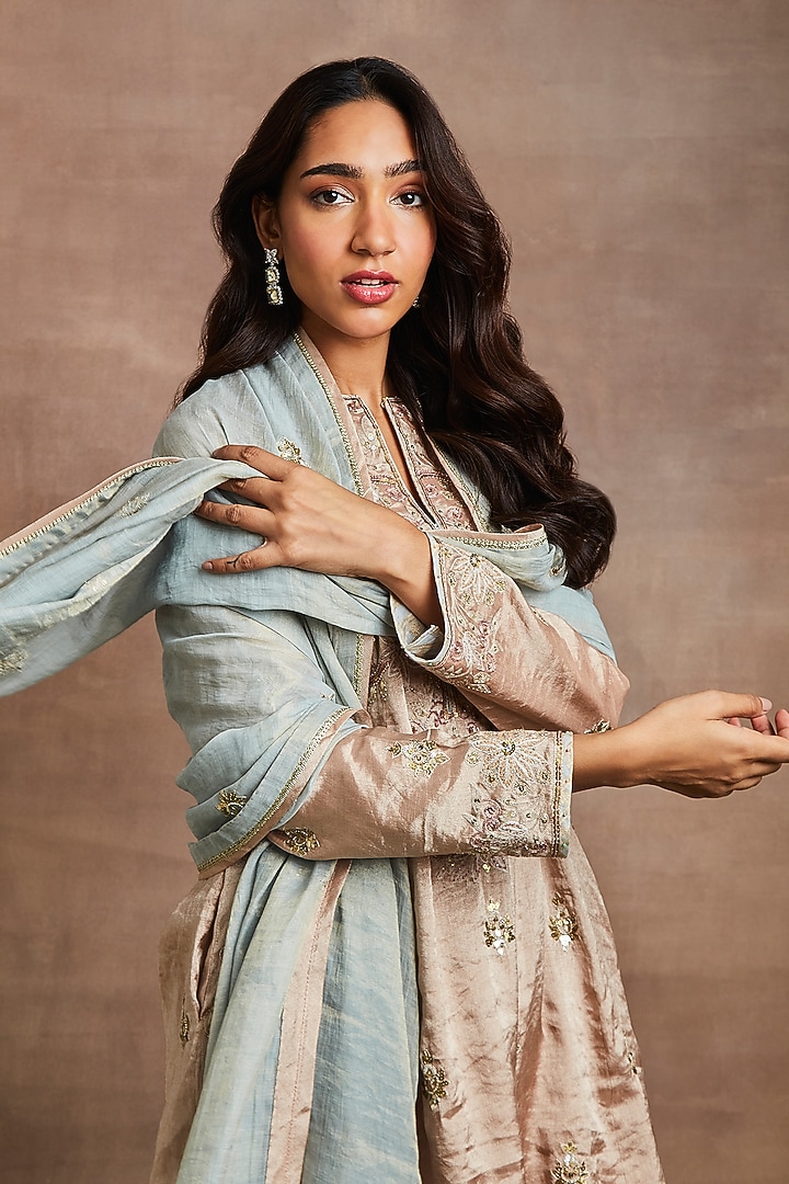 Peach Handwoven Silk Tissue Hand Embroidered Kalidar Kurta Set by Sue Mue at Pernia's Pop Up Shop