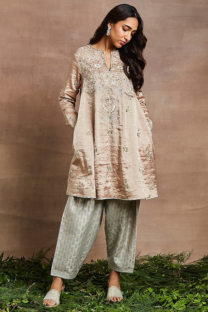 Peach Handwoven Silk Tissue Hand Embroidered Kalidar Kurta Set by Sue Mue at Pernia's Pop Up Shop