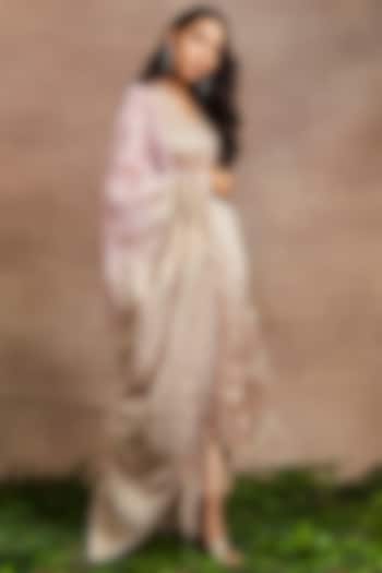 Peach Handwoven Silk Tissue Hand Embroidered Kalidar Kurta Set by Sue Mue at Pernia's Pop Up Shop