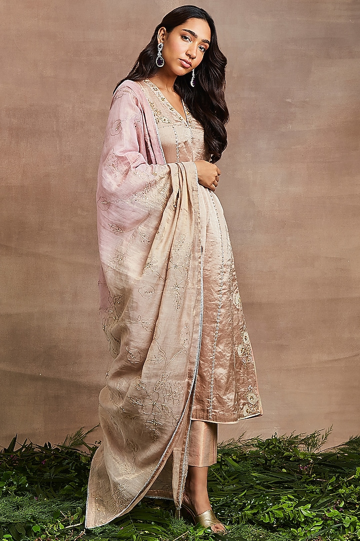 Peach Handwoven Silk Tissue Hand Embroidered Kalidar Kurta Set by Sue Mue at Pernia's Pop Up Shop