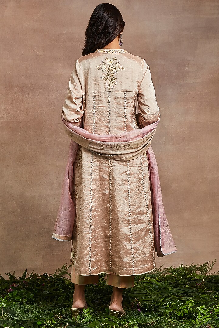 Peach Handwoven Silk Tissue Hand Embroidered Kalidar Kurta Set by Sue Mue at Pernia's Pop Up Shop