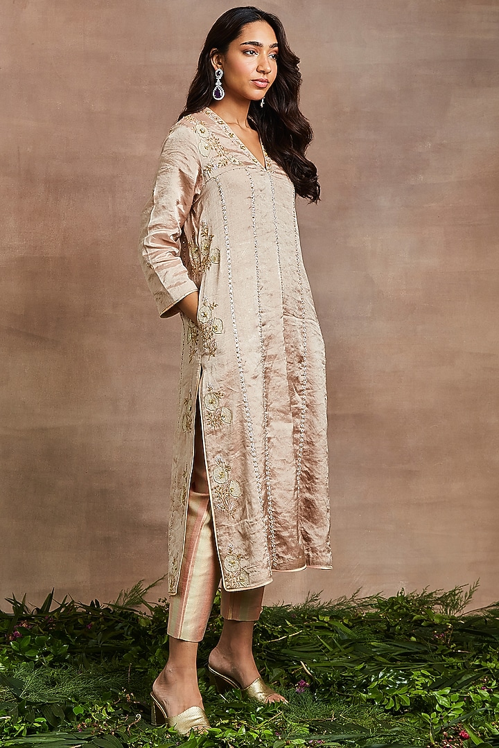 Peach Handwoven Silk Tissue Hand Embroidered Kalidar Kurta Set by Sue Mue at Pernia's Pop Up Shop