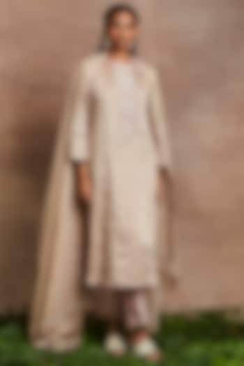 Peach Handwoven Silk Tissue Hand Embroidered Kurta Set by Sue Mue at Pernia's Pop Up Shop