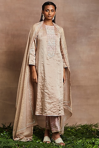 Peach Handwoven Silk Tissue Hand Embroidered Kurta Set by Sue Mue