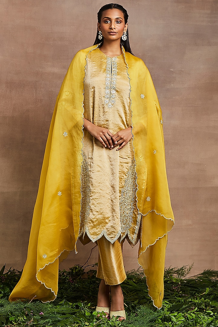 Yellow Handwoven Silk Tissue Hand Embroidered Kurta Set by Sue Mue at Pernia's Pop Up Shop