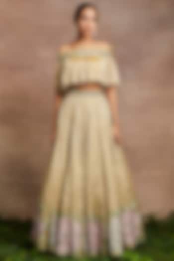 Gold Handwoven Silk Tissue Embroidered Bridal Lehenga Set by Sue Mue at Pernia's Pop Up Shop