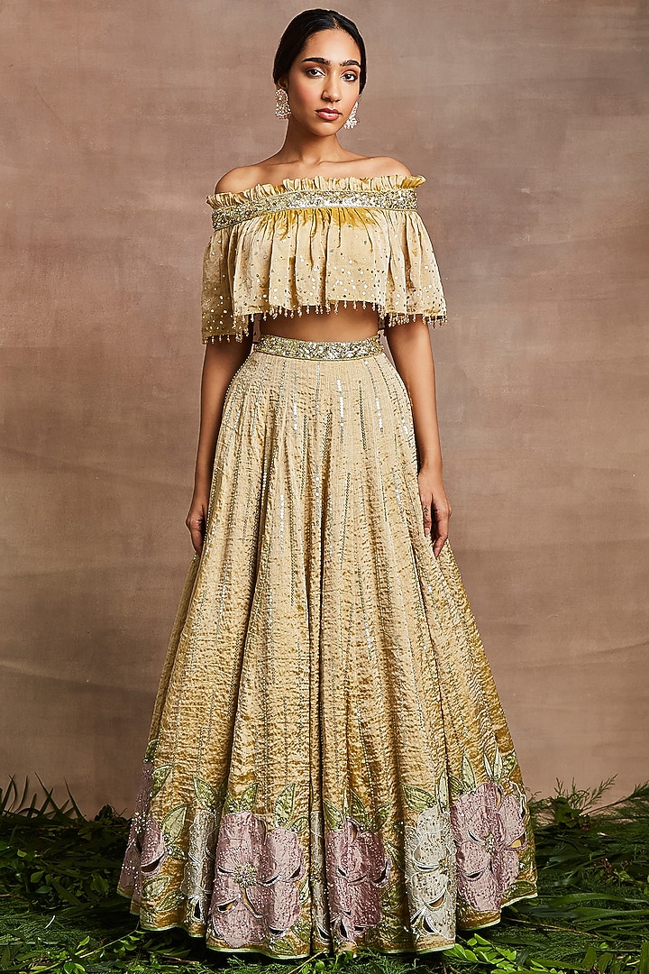 Gold Handwoven Silk Tissue Embroidered Bridal Lehenga Set by Sue Mue at Pernia's Pop Up Shop