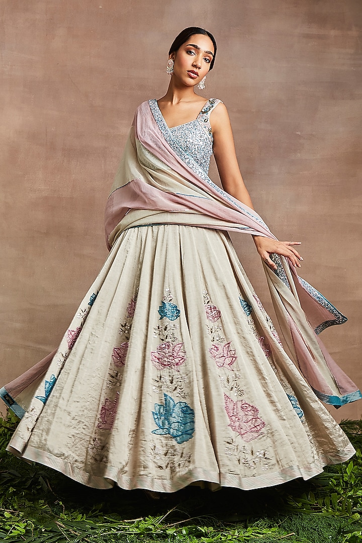 Silver Handwoven Silk Tissue Hand Embroidered Lehenga Set by Sue Mue