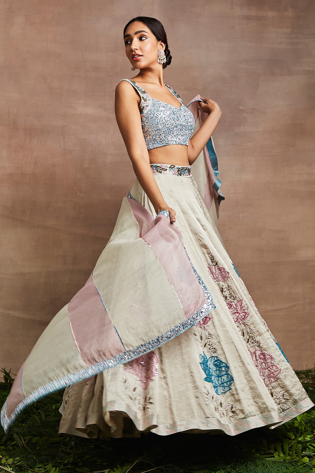 Buy Silver Tissue Circular Flare Lehenga Set by TALKING THREADS at Ogaan  Online Shopping Site