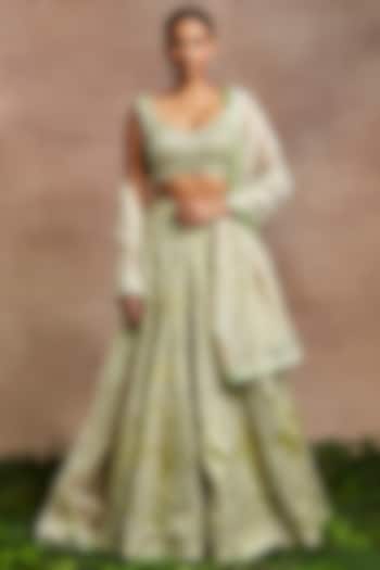 Green Handwoven Silk Tissue Hand Embroidered Bridal Lehenga Set by Sue Mue at Pernia's Pop Up Shop