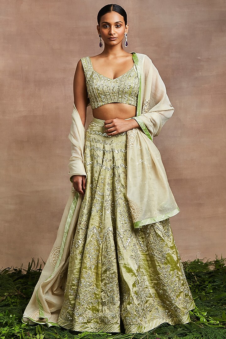 Green Handwoven Silk Tissue Hand Embroidered Bridal Lehenga Set by Sue Mue at Pernia's Pop Up Shop