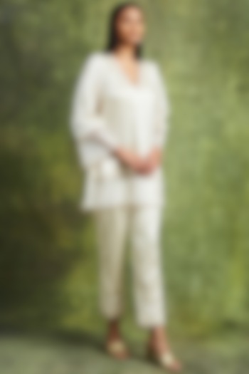 Off-White Silk Satin Embroidered Co-Ord Set by Sue Mue at Pernia's Pop Up Shop