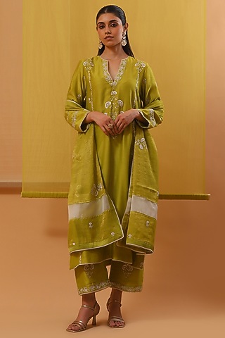 Lime Green Handwoven Silk Chanderi Thread Embroidered Kurta Set by Sue Mue