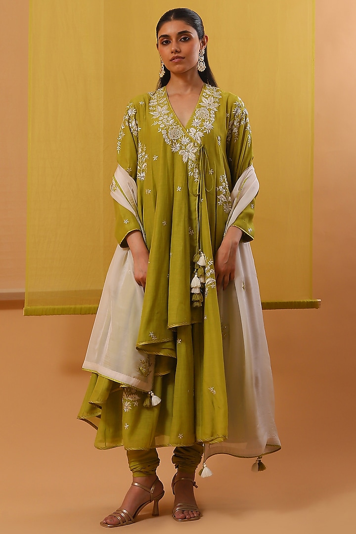 Green Handwoven Chanderi Mulmul Embroidered Angrakha Anarkali Set by Sue Mue at Pernia's Pop Up Shop