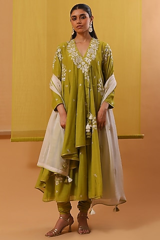 Green Handwoven Chanderi Mulmul Embroidered Angrakha Anarkali Set by Sue Mue