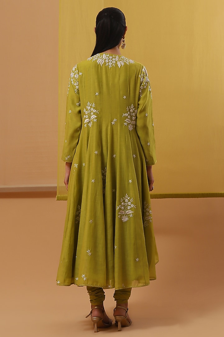 Green Handwoven Chanderi Mulmul Embroidered Angrakha Wedding Anarkali Set by Sue Mue at Pernia's Pop Up Shop