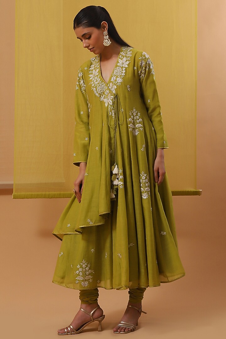 Green Handwoven Chanderi Mulmul Embroidered Angrakha Wedding Anarkali Set by Sue Mue at Pernia's Pop Up Shop