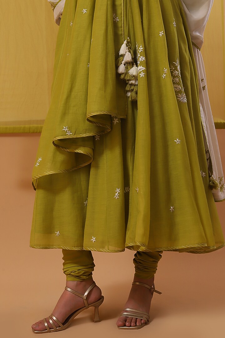Green Handwoven Chanderi Mulmul Embroidered Angrakha Wedding Anarkali Set by Sue Mue at Pernia's Pop Up Shop