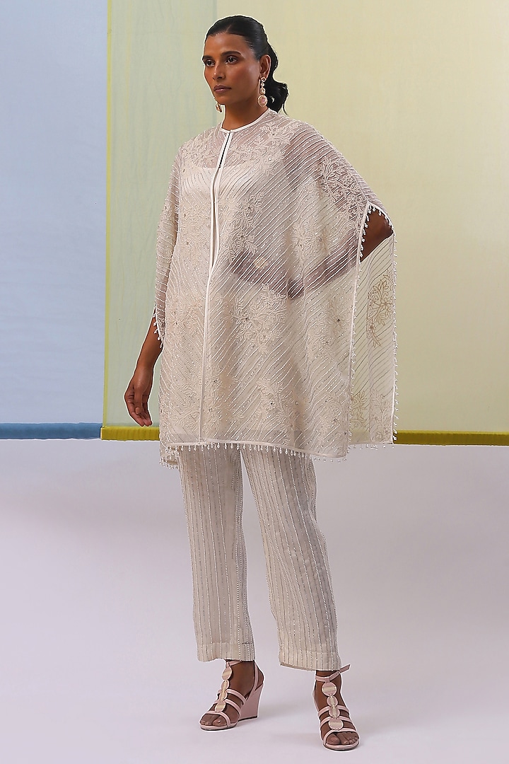 Off-White Pure Silk Organza Sequins Embroidered Cape Set by Sue Mue at Pernia's Pop Up Shop