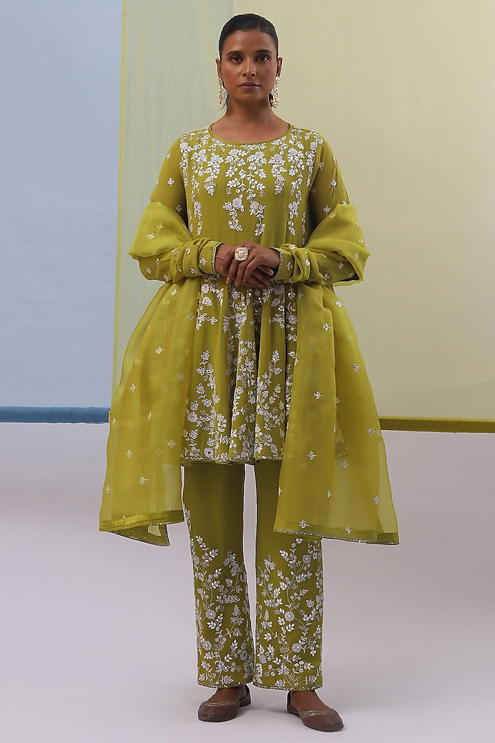 Lime Green Pure Silk Georgette Zari Embroidered Anarkali Set by Sue Mue at Pernia's Pop Up Shop