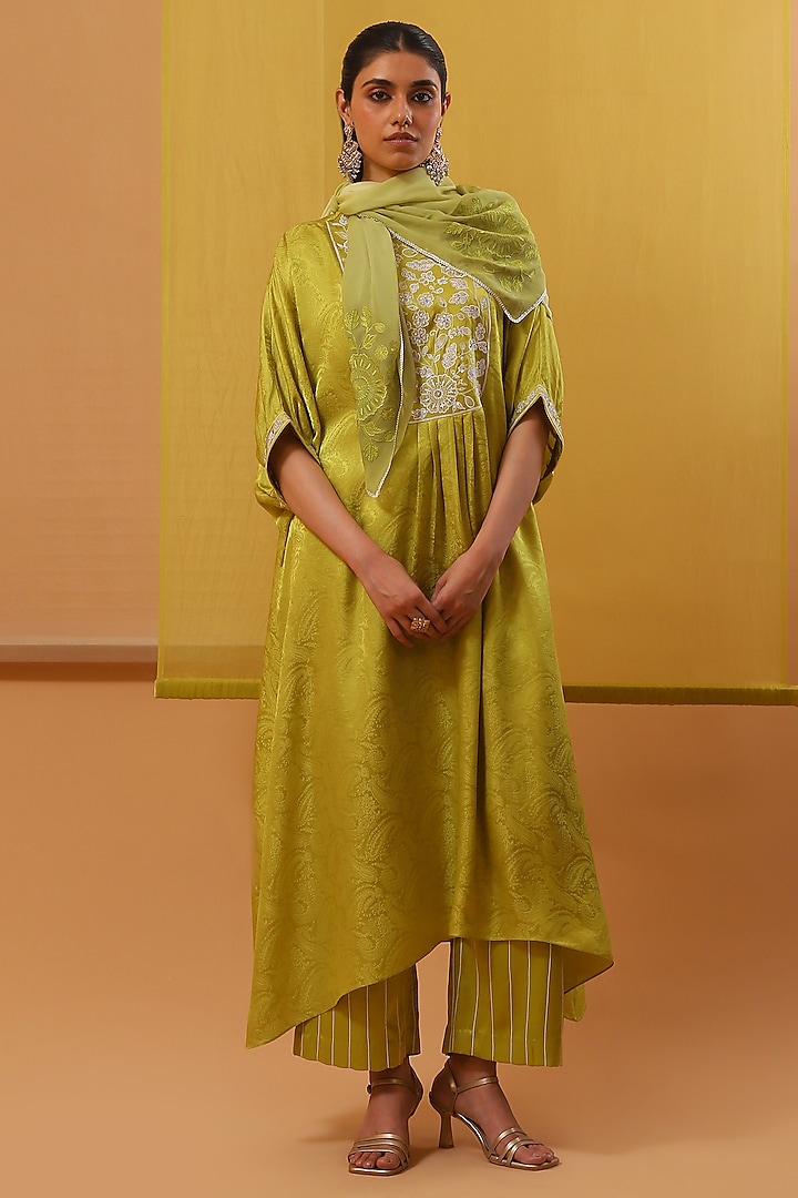 Lime Green Pure Satin Jacquard Floral Embroidered Asymmetric Kaftan Set by Sue Mue at Pernia's Pop Up Shop