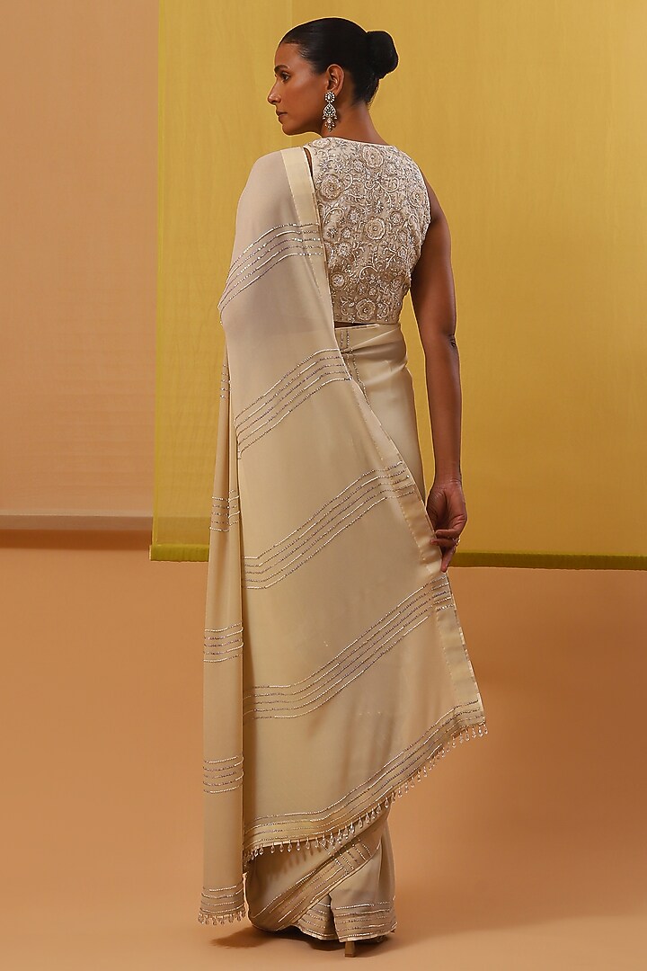 Off-White & Beige Ombre Pure Shimmer Georgette Pearl Embroidered Reception Saree Set by Sue Mue at Pernia's Pop Up Shop