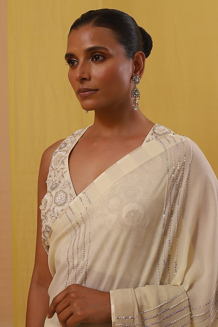 Off-White & Beige Ombre Pure Shimmer Georgette Pearl Embroidered Reception Saree Set by Sue Mue at Pernia's Pop Up Shop