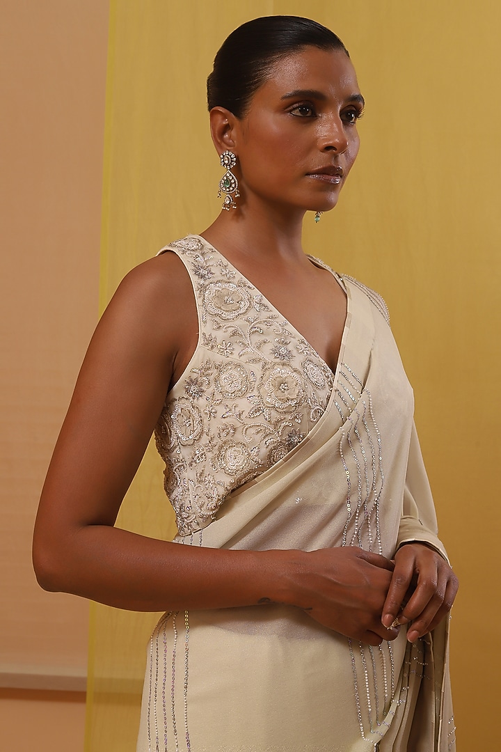 Off-White & Beige Ombre Pure Shimmer Georgette Pearl Embroidered Reception Saree Set by Sue Mue at Pernia's Pop Up Shop