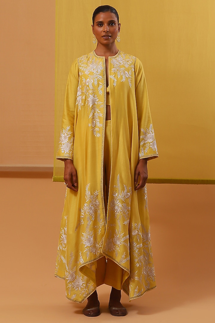 Yellow Handwoven Silk Chanderi Thread Embroidered Jacket Set by Sue Mue at Pernia's Pop Up Shop