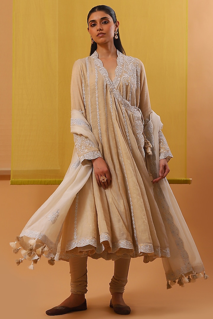 Beige Handwoven Cotton Tissue Thread Embroidered Angrakha Set by Sue Mue