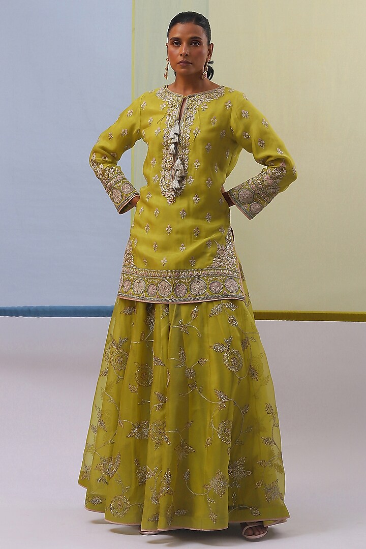 Lime Green Pure Silk Organza Sequins Embroidered Sharara Set by Sue Mue at Pernia's Pop Up Shop