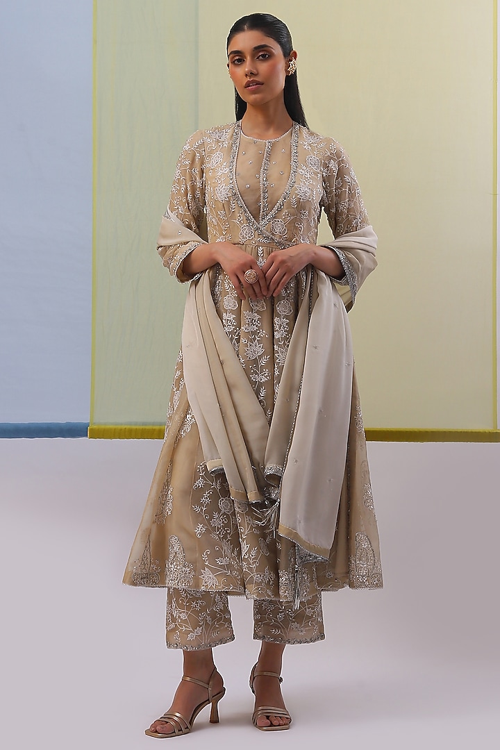 Beige Pure Silk Organza & Pure Flat Chiffon Dabka Embroidered Angrakha Set by Sue Mue