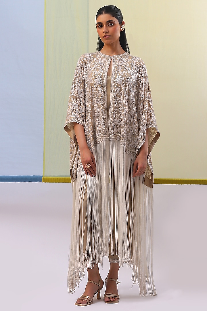 Beige Pure Silk Georgette Sequins Hand Embroidered Cape Set by Sue Mue at Pernia's Pop Up Shop