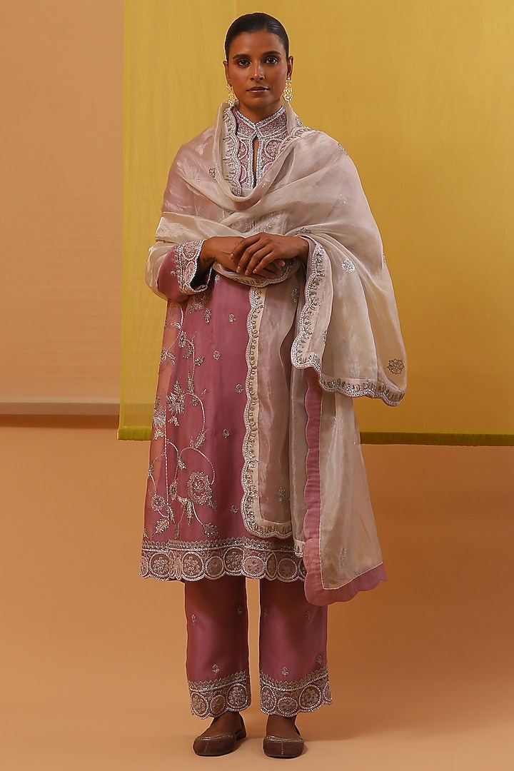 Rose Pink Pure Silk Organza Zari Embroidered Kurta Set by Sue Mue at Pernia's Pop Up Shop