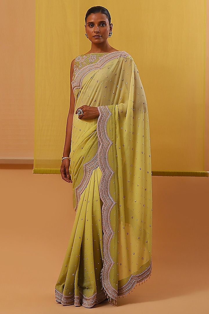 Ombre Green Shimmer Georgette Pearl Embellished Saree Set by Sue Mue at Pernia's Pop Up Shop