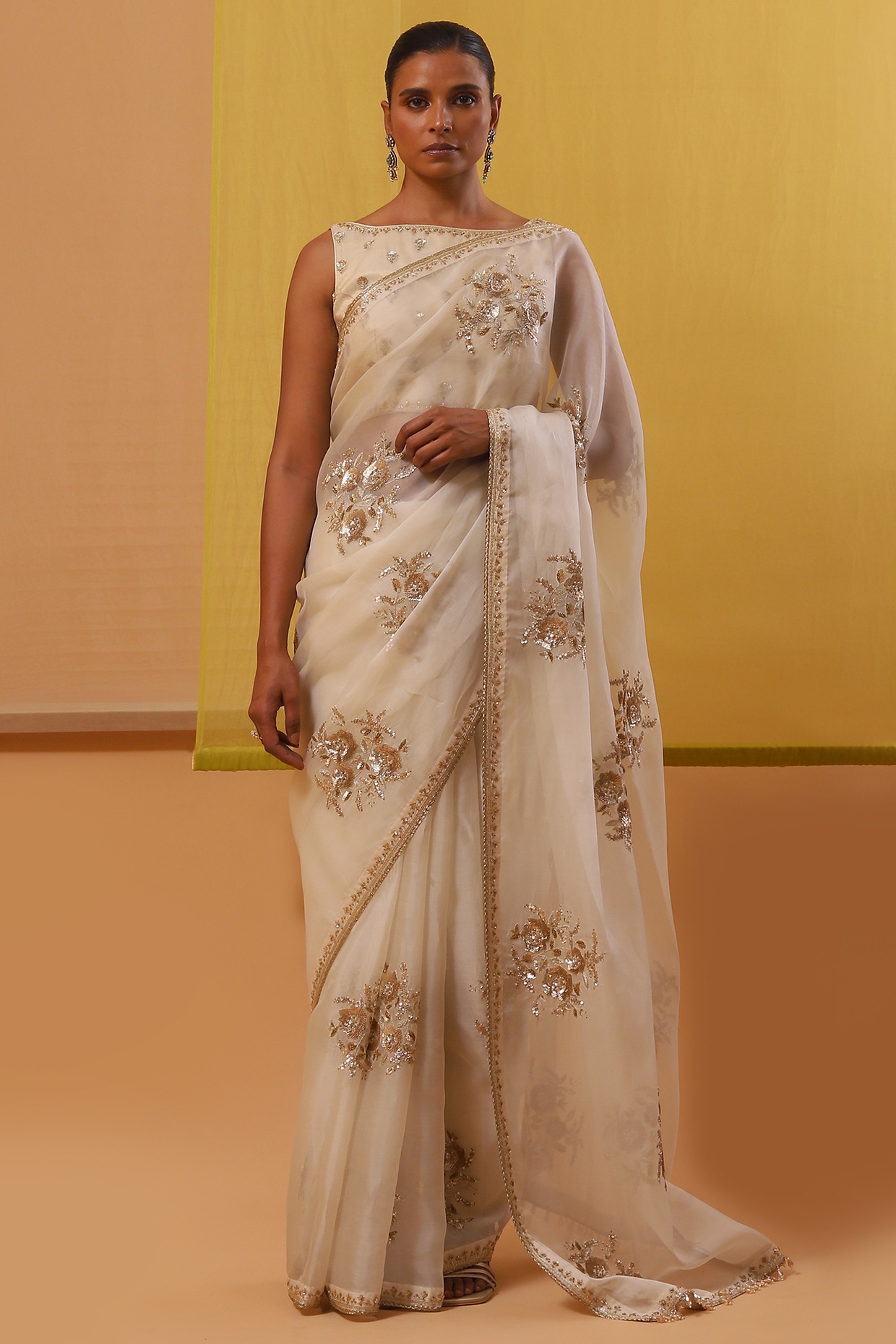 Off White Pure Silk Organza Sequins Hand Embroidered Saree Set by Sue Mue at Pernia s Pop Up Shop