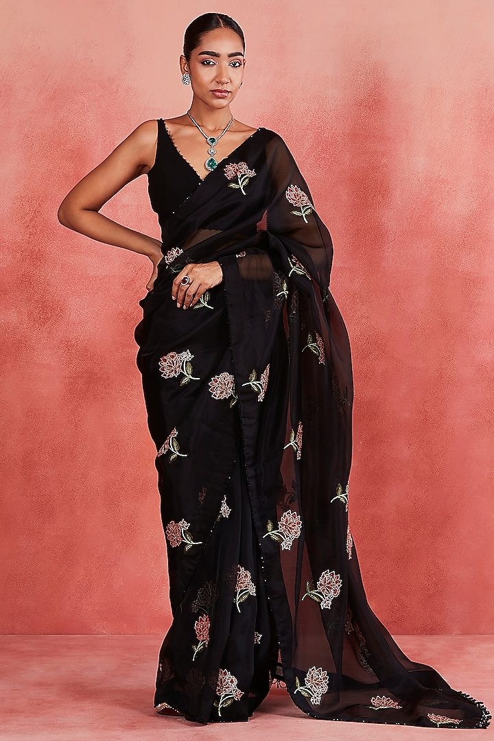 Black Pure Silk Organza Zari & Sequins Embroidered Saree Set by Sue Mue at Pernia's Pop Up Shop